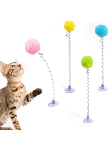 Khazna Cat Teaser Toys, Retractable Cat Teaser Wand with Suction Cup Plush Balls Jingle Bell Wands for Kitten Kitty Pet Toys