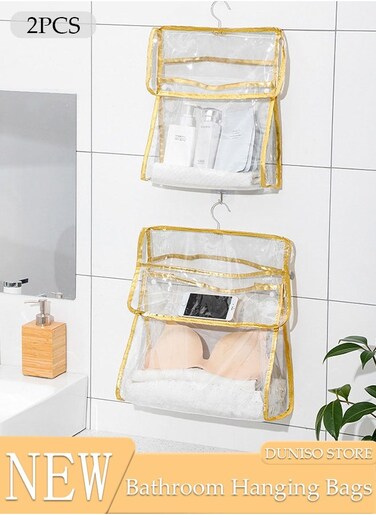 2pcs Clear Storage Bag for Bathroom, Waterproof Storage Organizer with Button and Hook, Clear Moisture Proof Dust Cover Bag Purse Organizer for Cloth Bags for Closet Hanging