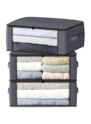 3 Pack Clothes Storage, Foldable Thick Fabric Blanket Storage Bags, with Large Clear Window Sturdy Handles, for Organizing Bedroom, Closet, Clothing, Comforter, Organization and Storage (Gray)