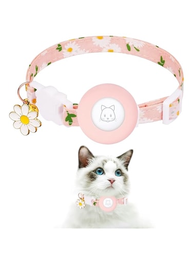 LCLALAY Airtag Cat Collar, Breakaway Kitten Collar with Silicone Airtag Holder, Bells, and Flower Charm for Girl Cats, Boy Cats, and Small Dogs (Pink)