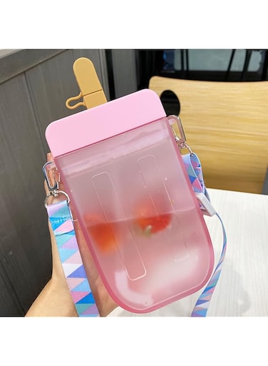 AXLOFO&reg; Cute Water Bottle with Straw - 300 ML Creative Ice Cream Popsicle Cups Adjustable Shoulder Strap for School Girls, BPA Free Kawaii Drinking Bottles (pink)