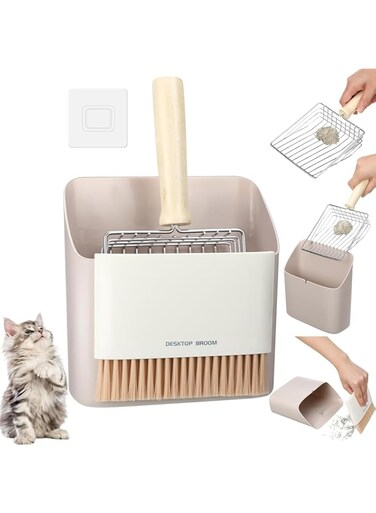 Angju Cat Litter Scooper Kit Wooden Handle Metal Cat Litter Scoop includes Small Broom and Dustpan Set Portable Cleaning Brush and Dustpan Combo Wide Slots Fast Sifting Cat Litter Scooper