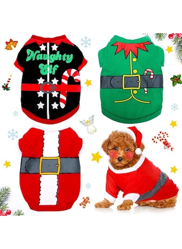Xuniea 3 Pieces Christmas Dog Shirt Soft Dog Elf Santa Costume Warm Christmas Puppy Outfit Cute Xmas Clothes for Small Medium Pet Christmas Cosplay Apparel (S (3-5 lbs))
