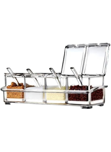 LOYUYU Luyy Seasoning Box, Seasoning Rack Spice Pots, Storage Container Condiment Jars, 4 Piece Clear Acrylic Cruet with Cover and Spoon Transparent