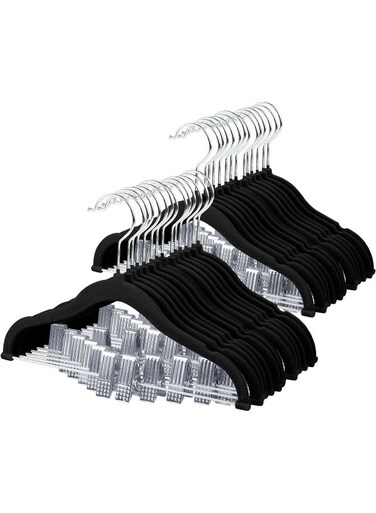 11.8'' Baby Velvet Hangers With Movable Clips, Non-Slip Kids Felt Hangers, Ultra-Thin Space-Saving Children'S Clothes Hangers For Skirts, Pants, Dresses, Shirts, Jackets (28 Pack, Black)