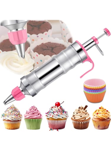 Decorating Syringe Set, Frosting Piping Kit Stainless Steels Cake Decorating Kit with 6 Piping Tips &amp; 9 silicone cupcakes, Cupcake Decorating Kit Piping Bags and Tips Set