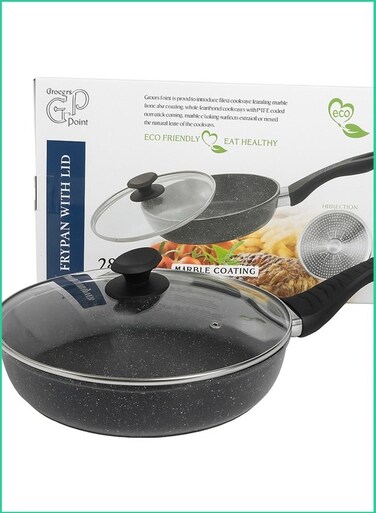 Houseware Green Point 28cm Non-Stick Marble Coated Frying Pan with Glass Lid   Induction Compatible, Eco-Friendly Cookware UAE