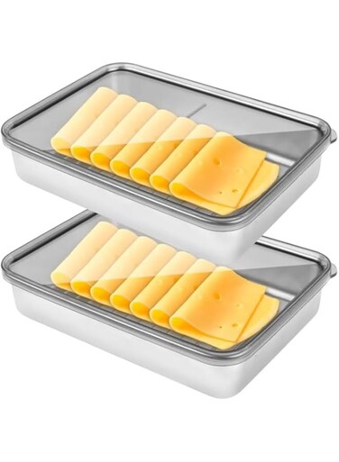 Joyzzz Bacon Container, 2 Pcs Stainless Steel Bacon Container for Refrigerator, 1L Deli Meat Saver Keeper Container with Airtight Lids, Cold Cuts Food Storage Container for Fridge Kitchen Freezer