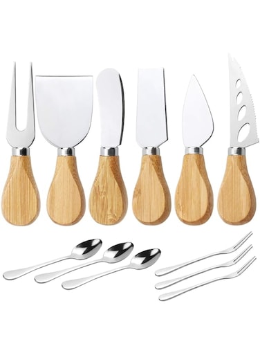 BILLIOTEAM 12 PCS Charcuterie Knife Set Cheese Knives Set,6 PCS Stainless Steel Cheese Slicer Cutter Knives with bamboo handle,6 PCS Stainless Steel Forks and Spoons for Home Kitchen Serving