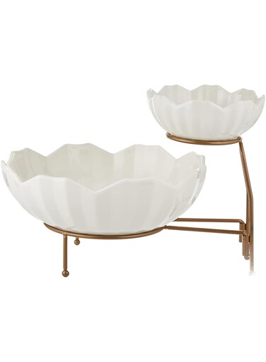 Shallow 2 Piece Porcelain Dip and Chip Set With Gold Stand, White, 26 cm, DY2162G