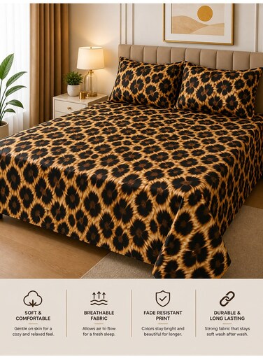 King Size Bed Sheet Set 220x240 cm Leopard Print 125 GSM Soft Breathable Fabric 1 Bedsheet 2 Pillow Covers Durable Fade Resistant