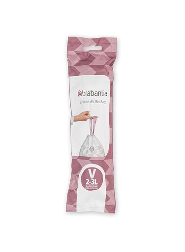 Brabantia IdealFit Bin Liners (Size V/3 Litre) Ideal Quality Thick Plastic Trash Bags with Tie Tape Drawstring Handles (20 Bags), White