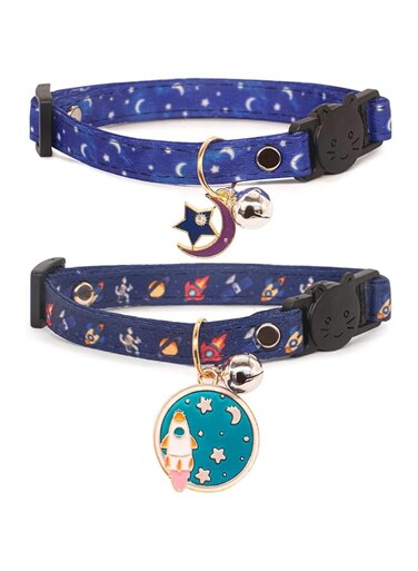 Khazna Cotton Breakaway Cat Collar with Bell, 2 Pack Blue Moon and Stars Pendant Cute Cat Collar Kitten Collar,Ideal for Girl Cats Boy Cats