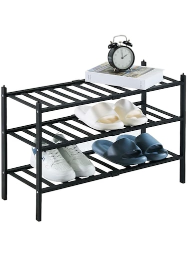 ORiTi Bamboo Shoe Rack 3 Tier Stackable Shoe Shelf Shoes Organizer Standing Shoe Stand Stable and Study for Closet Entryway Hallway Bedroom Floor Dorm Black 69x46x28cm