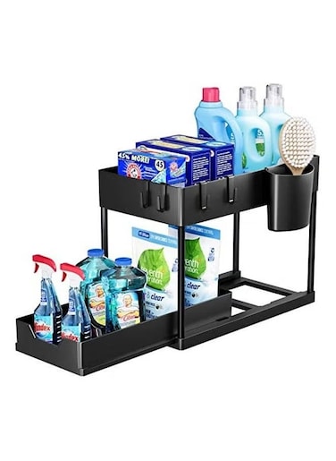 Double Layer Pull-out Storage Rack for Sink, 2 Tier Multi-purpose Kitchen Under the Sink Organizer Under Bathroom Sink Shelf Storage Rack for Countertop Laundry -Black