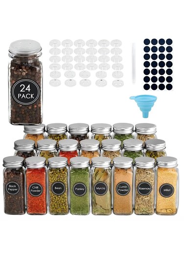 24 Pcs Glass Spice Jars with White Printed Spice Labels 4oz Empty Square Spice Bottles Shaker Lids and Airtight Metal Caps Silicone Collapsible Funnel