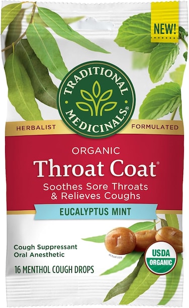 Traditional Medicinals Organic Throat Coat, With Eucalyptus Mint With Menthol, To Sooth Sore Throat &amp; Relieves Cough, 16 Menthol Cough Drops