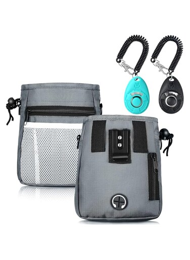 ALLNEWELOOK Dog Treat Pouch with 2 Clickers - 3 Ways to Wear Wearable Pet Training Bag with Waist Belt &amp; Shoulder Strap (Dog Treat Pouch Grey)