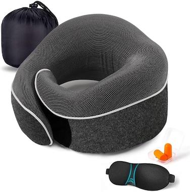 Neck Pillow, Chin Support, Adjustable 100% Pure Memory Foam, Ergonomic Design, Soft Full Neck Surround Pillow for Home, Airplanes, and Car (Black)
