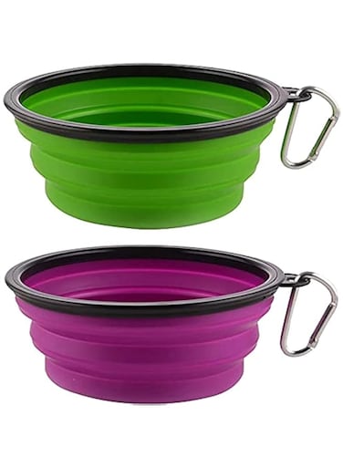 ORiTi Collapsible Dog Bowls, Foldable Travel Water Bowl Food Dishes with Carabiner Clip for Traveling, Hiking, Walking, 2 Pack (Purple+Green)