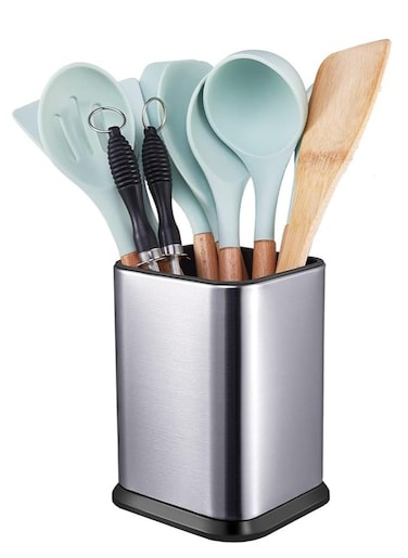 Stainless Steel Kitchen Utensil Holder for Countertop, Spoon Spatula Organizer,Modern Rectangular Large Cooking Utensil Caddy Counter,Utensil Crock Silver