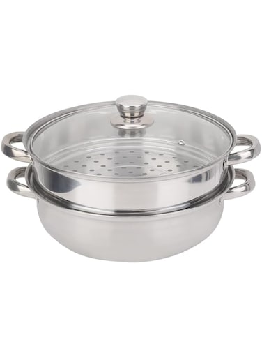 Stainless Steel , 2 Tier Food Cooker Multipurpose Metal Cooking Cookware Double Boiler Pot with Insert Glass Lid for Vegetable Dumpling Stock Sauce