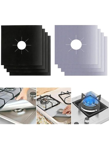 Rubik 8pcs Gas Stove Burner Covers, Non-Stick Gas Range Protectors Reusable Aluminum Foil Cover Liner Mat Pad - Dishwasher Safe, Black/Silver