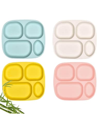Shopwithgreen Bamboo Divided Plates Set for Kids Adults 4- Large Bamboo Dinnerware for Toddlers Kids Children, BPA Free, Non Slip, Stackable, Dishwasher Safe, 9.4 inch
