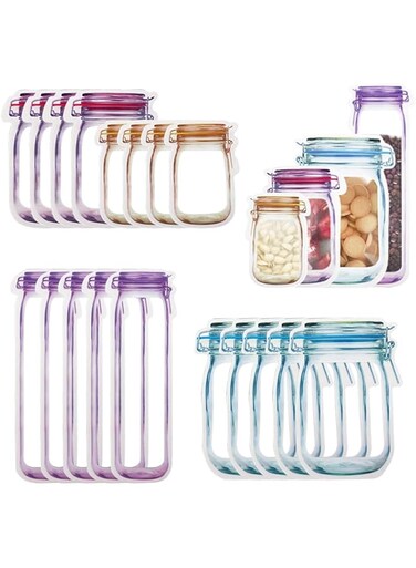 Aowin 20 PCS Mason Jar Bottles Bags,Mason Jar Pattern Ziplock Bags,Reusable Snack Food Storage Bags,Portable Airtight Seal Zipper Bags,Leak-Proof Food Snack Save Bags for Travel Picnic Camping(Mix)