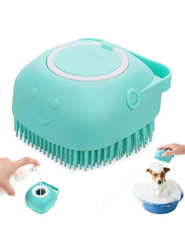Generic Pet Grooming Bath Massage Brush with Soap and Shampoo Dispenser Soft Silicone Bristle for Long Short Haired Dogs Cats Shower (Blue)