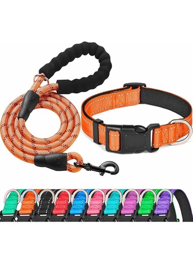 Ladoogo Reflective Dog Collar Padded with Soft Neoprene Breathable Adjustable Nylon Dog Collars for Small Medium Large Dogs (Medium (Pack of 1), Orange Collar+Leash)