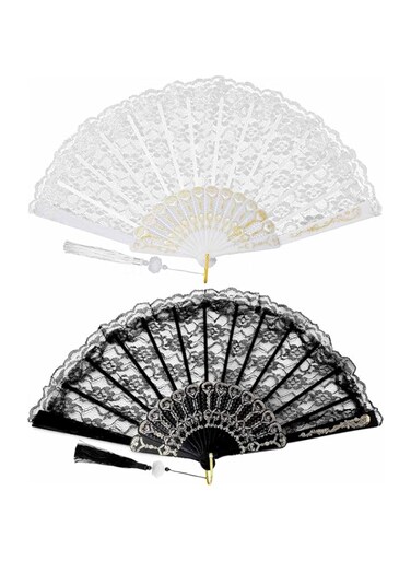 Tazweeq 2 Pcs Lace Folding Fan, Handheld Bamboo Hand Fan with White Lotus Jade Tassel for Women, Wedding, Party Favours, Costume Prom (Black, White)
