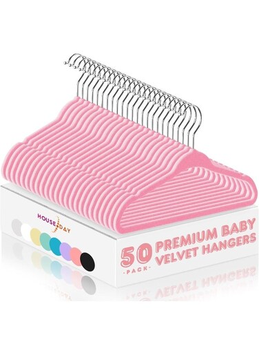 HOUSE DAY Velvet Baby Hangers 50 Pack, Premium Children&#39;s Hangers for Baby, Infant &amp; Toddler Clothes, Durable Non Slip Baby Felt Hangers Pink, 11 Inch Baby Hangers for Closet, Ideal for Everyday Use