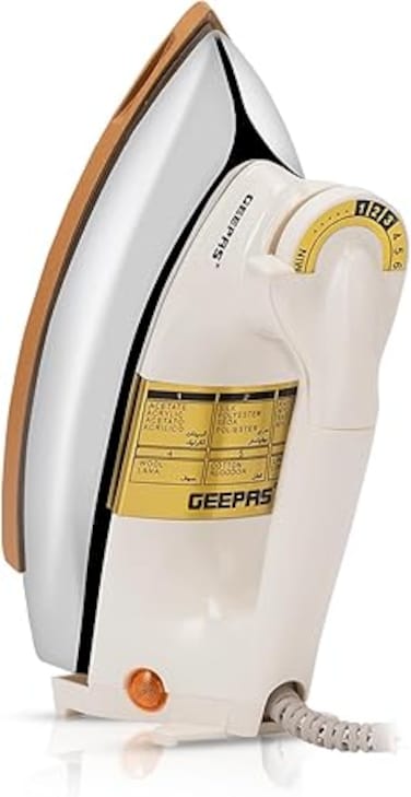 Geepas Automatic Dry Iron- GDI23011  Iron Box with Temperature Settings Dial and Auto Shut Off Function Suitable for All Kinds of Fabric 7 Years Warranty, White and golden