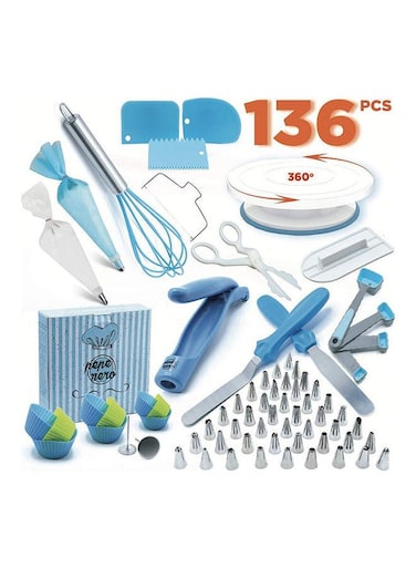 136-Piece Cake Decorating And Baking Accessories Kit With Rotating Turntable Stand Blue