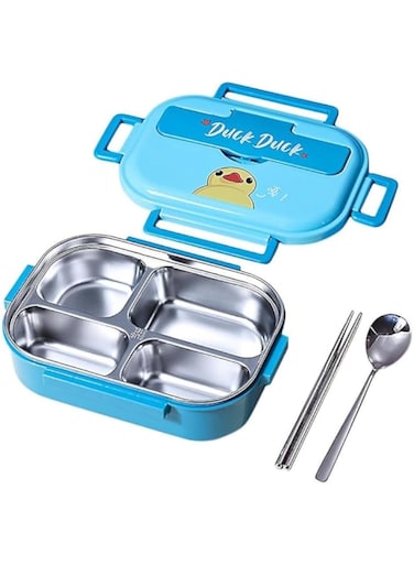 AMERTEER Lunch Bento Box   Lunch Box with 4 Compartments   Leakproof Meal Prep Container with Spoon &amp; Chopsticks   Portable Lunchbox for Kids   Food Storage for School, Office &amp; Travel (Blue)