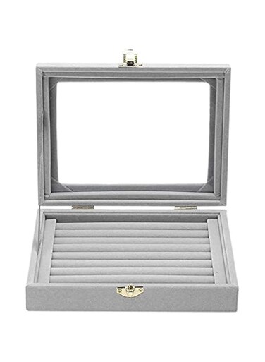 Earring Storage Case 7 Slots Ring Velvet Display Case Box Earring Ring Organizer Velvet Jewelry Tray Cufflink Storage Showcase with Clear Glass Lid Grey for Women