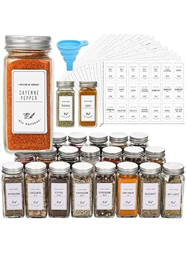 AOZITA 24 Pcs Glass Spice Jars with White Printed Spice Labels - 4oz Empty Square Spice Bottles - Shaker Lids and Airtight Metal Caps - Silicone Collapsible Funnel