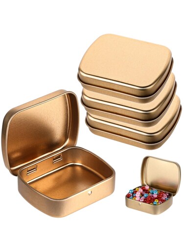 Hinged Tin Boxes with Lid, 4 Pieces Rectangular Tin Box Containers Small Metal Storage Box Portable Stash Box Empty Metal Tins with Lids for Candy Cookiesjewelry Beads Key Earrings Organizer, Gold