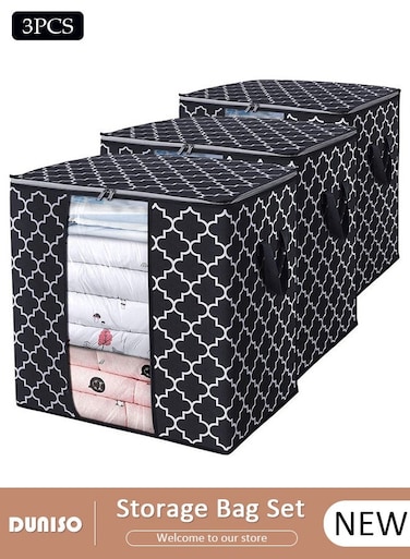 3 Pack Large Capacity Foldable Storage Bag with Clear Window Clothes Storage Bins Storage Containers with Durable Handles Thicken Fabric Clothes Organization for Blanket Comforter Clothing Bedding