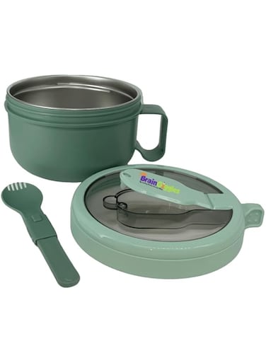 BrainGiggles Insulated Leakproof BPA Free Stainless Steel Lunch Box with Handle, Foldable Spoon-Fork Combo in Lunch Box for Adults and Kids   850 ml Portable Food Jar, Soup Bowl (Green)