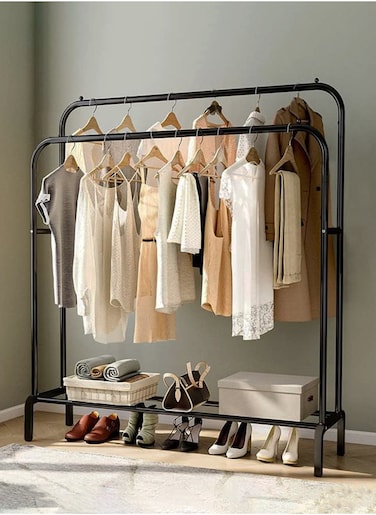 Multi-Functional Clothing Garment Rack Metal Clothe Rack Double Rod Portable Drying Hangers with Bottom Shelf for Hanging Shirts Jeans Coats Clothes Sweaters Garment Bedroom Balcony Black