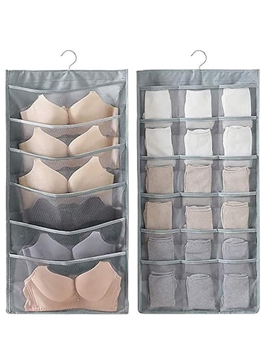 Space-Saving Dual-Sided Closet Organizer for Underwear, Bras, Socks &amp; More - Durable Mesh Pockets with Sturdy Hanger for Efficient Storage