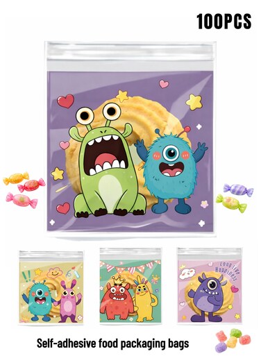 Adhesive Cartoon Food Packaging Bags for Kids, Cute Monster Cookie Candy Treat Bags, Resealable Snack &amp; Gift Bags, Mixed Designs (100 Pieces)