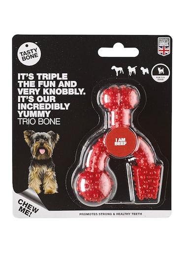 TastyBone TrioBone Nylon Dog Chew Toy for Toy Dogs (Beef) - Indestructible for Aggressive Chewers, Everlasting Flavour, Strong Healthy Teeth, Made in the UK