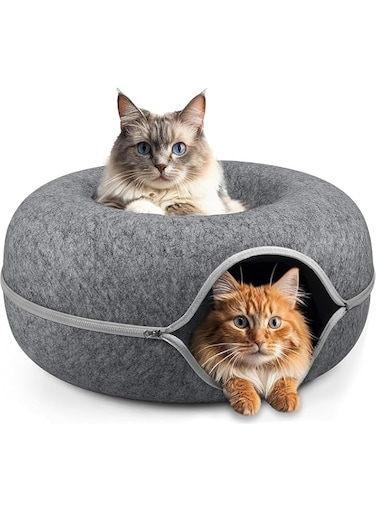 DVEHGF Large Cat Tunnel Bed, 24 * 24 * 11Inch Detachable Felt Donut Cat Bed with Zipper Design, Cat Play Tunnel Bed for Large Cats and Kittens Indoor (Dark Gray)