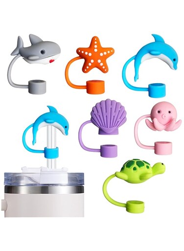 SWIUKPHE Straw Cover Cap for Stanley Cup 6 PCS, Silicone Sea Animal Straw Topper for Stanley 30&amp;40 Oz Tumbler with Handle, 10mm 0.4in Dust-Proof Reusable Straw Tips Lids