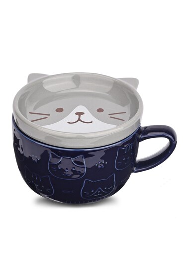 Cute Ceramic Cat Coffee Mug with Lid,Kawaii Coffee Mugs or Tea Cups for Cat Lovers,Funny Novelty Cat Breakfast Mugs for Women Wife Mum Girls Boys Friends Kids Birthday Gift,300ML&iuml;&frac14;&circ;Blue&iuml;&frac14;&permil;