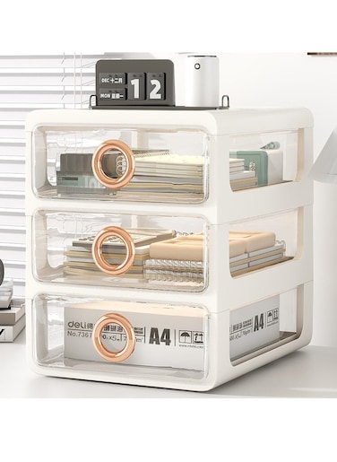 Three Shelves, Light Luxury Make-Up Box, Cosmetic Organiser, Drawer Desktop Organiser, Suitable for Storing Cosmetics, Daily Necessities, Small Life Items (White Transparent)