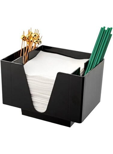 Restaurantware Bar Lux Rectangle Black Plastic Condiment Caddy/Napkin Holder - 3 Compartments - 8" x 5 1/2" x 5 3/4" - 10 count box -
